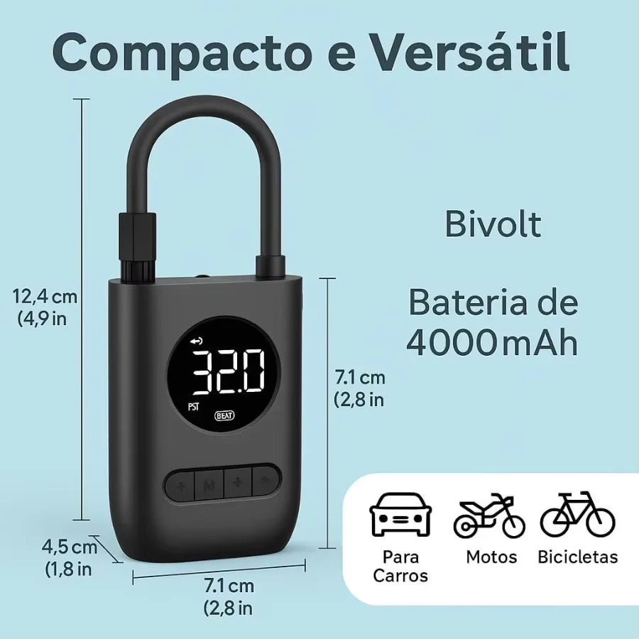 Compressor de Ar Portátil Digital Sem Fio 4000mAh com Lanterna LED e Carregamento USB-C