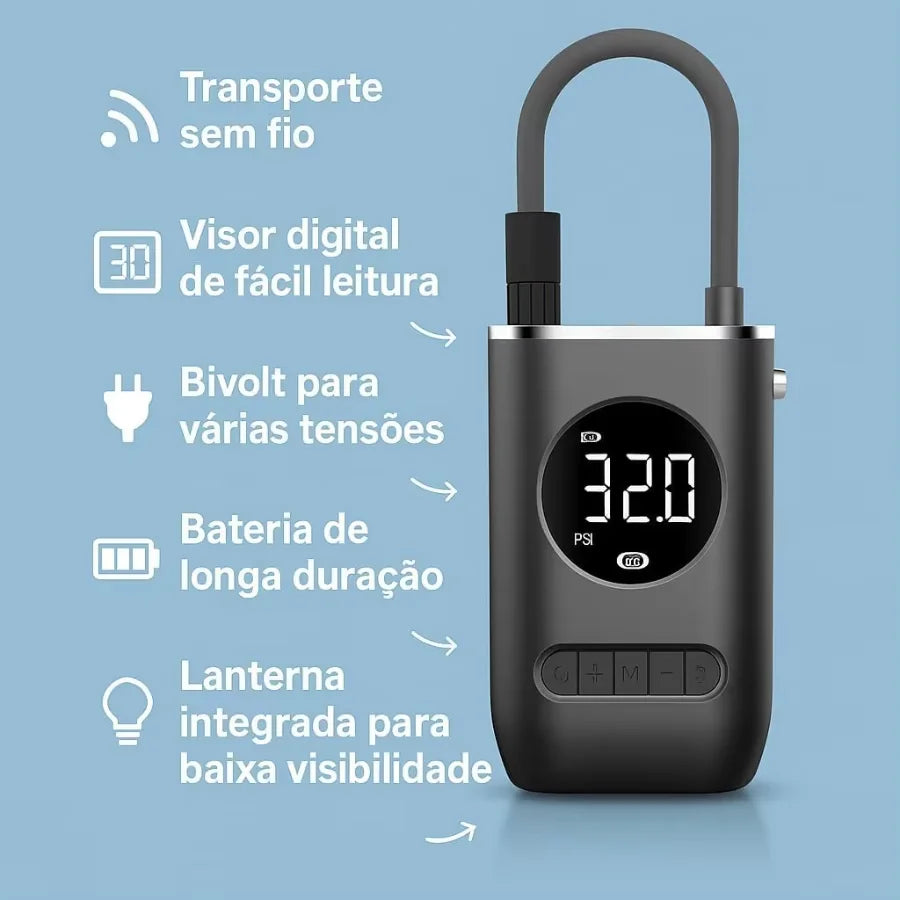 Compressor de Ar Portátil Digital Sem Fio 4000mAh com Lanterna LED e Carregamento USB-C