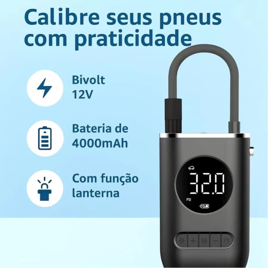 Compressor de Ar Portátil Digital Sem Fio 4000mAh com Lanterna LED e Carregamento USB-C