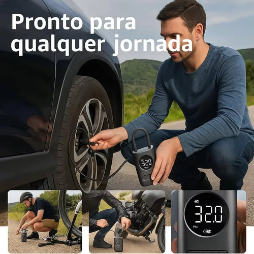 Compressor de Ar Portátil Digital Sem Fio 4000mAh com Lanterna LED e Carregamento USB-C