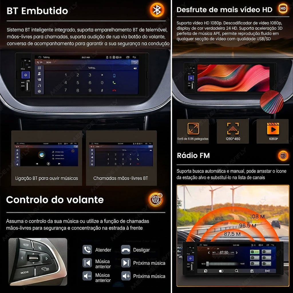 Multimidia 1DIN Tela 6.86" com Apple CarPlay e Android Auto Sem Fio, Bluetooth e USB