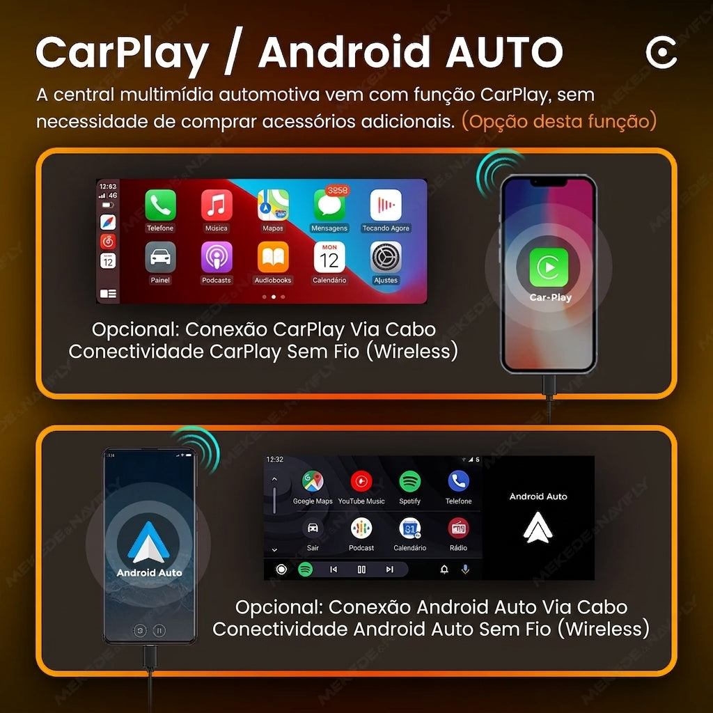 Multimidia 1DIN Tela 6.86" com Apple CarPlay e Android Auto Sem Fio, Bluetooth e USB