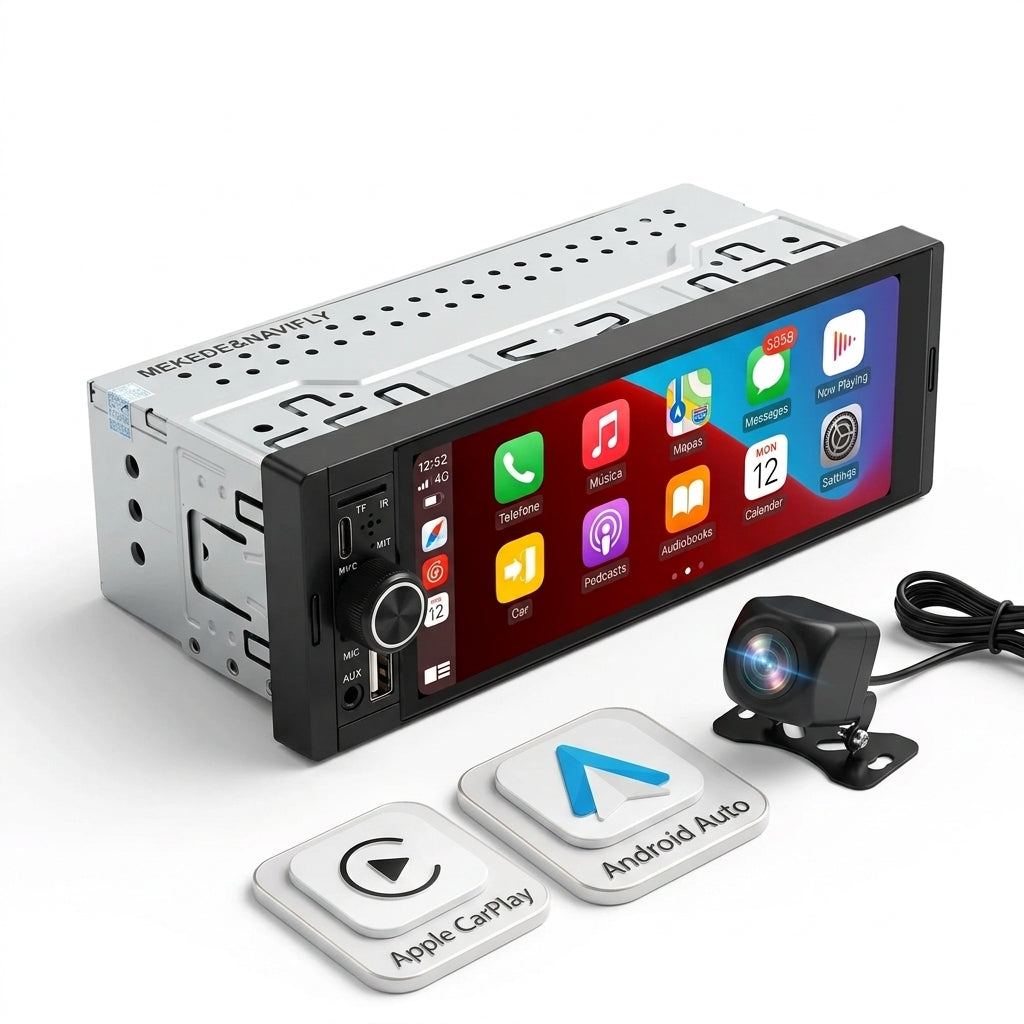 Multimidia 1DIN Tela 6.86" com Apple CarPlay e Android Auto Sem Fio, Bluetooth e USB
