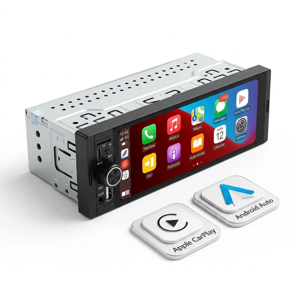 Multimidia 1DIN Tela 6.86" com Apple CarPlay e Android Auto Sem Fio, Bluetooth e USB