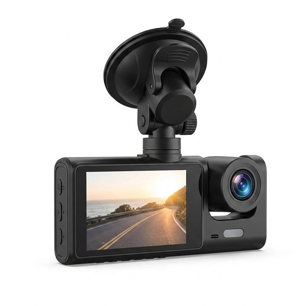 Dashcam Veicular Tripla 1080P Full HD – Grava Frente, Interior e Traseira com Visão Noturna e Gravação em Loop