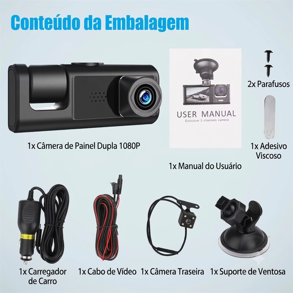 Dashcam Veicular Tripla 1080P Full HD – Grava Frente, Interior e Traseira com Visão Noturna e Gravação em Loop