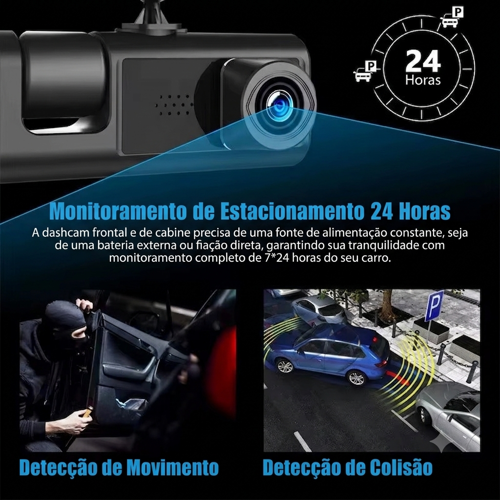Dashcam Veicular Tripla 1080P Full HD – Grava Frente, Interior e Traseira com Visão Noturna e Gravação em Loop