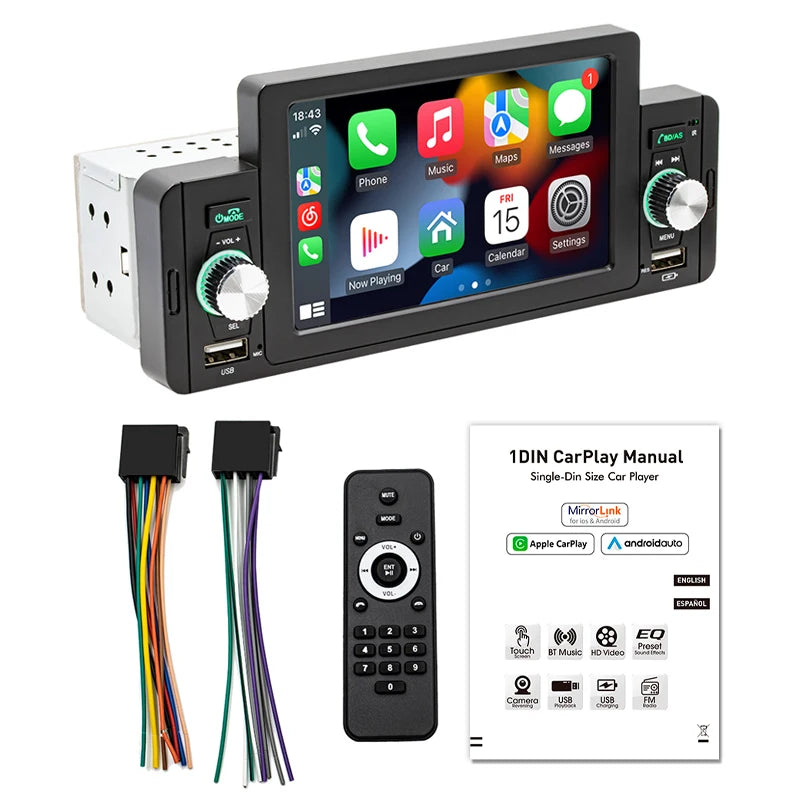 Central Multimídia Universal 1DIN Tela Flutuante Touch - CarPlay e Android Auto