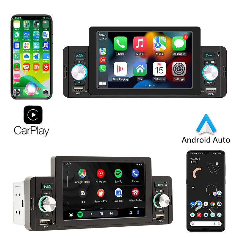 Central Multimídia Universal 1DIN Tela Flutuante Touch - CarPlay e Android Auto